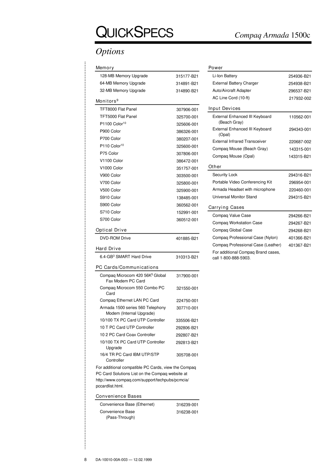 Compaq 1500c warranty Options 