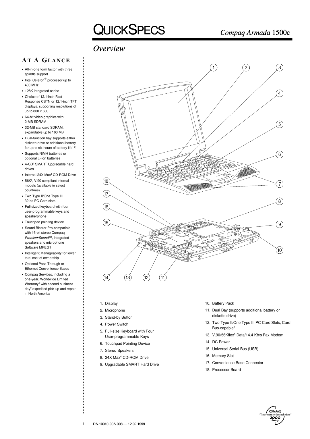 Compaq warranty Quickspecs, Overview, Compaq Armada 1500c, At A Glance 