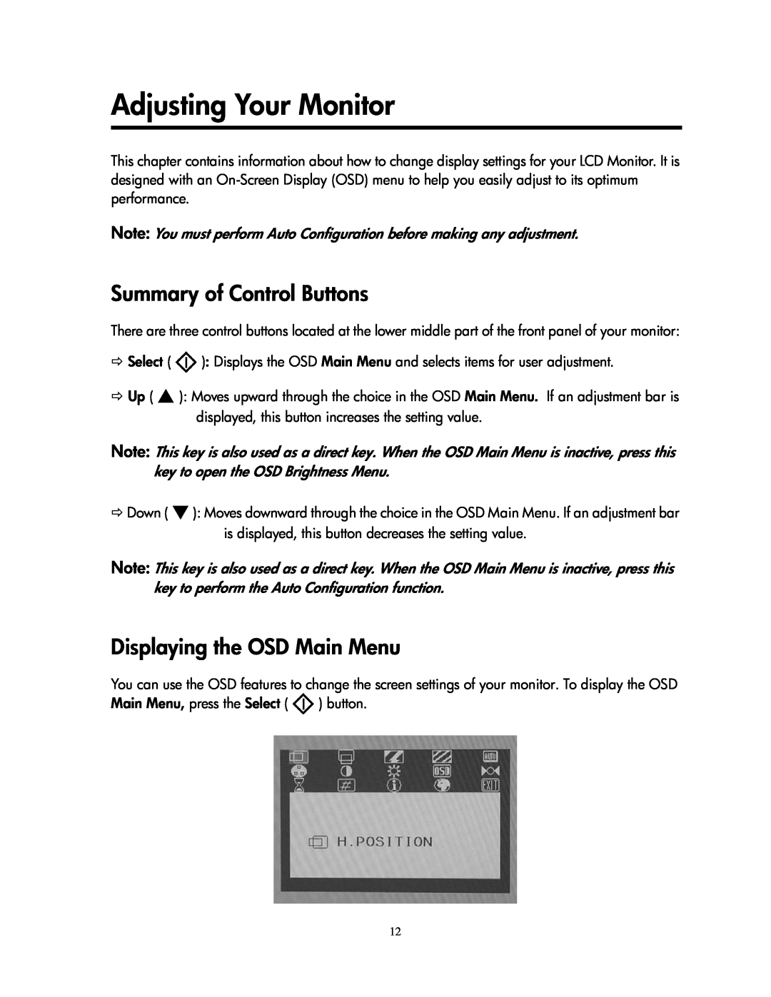 Compaq 1501 manual Adjusting Your Monitor, Summary of Control Buttons, Displaying the OSD Main Menu 