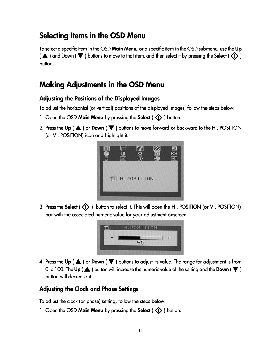 Compaq 1501 Selecting Items in the OSD Menu, Making Adjustments in the OSD Menu, Adjusting the Clock and Phase Settings 