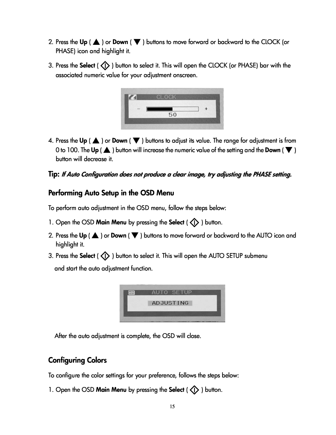 Compaq 1501 manual Performing Auto Setup in the OSD Menu, Configuring Colors 