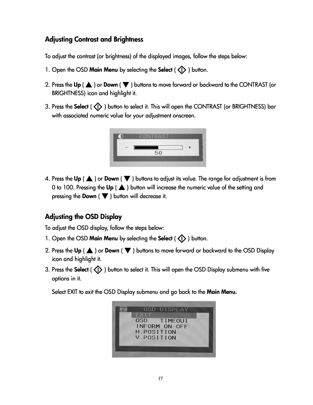 Compaq 1501 manual Adjusting Contrast and Brightness, Adjusting the OSD Display 