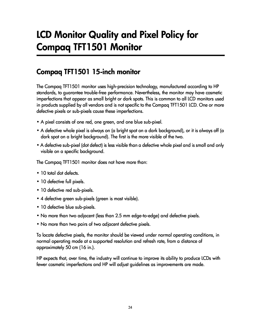 Compaq manual LCD Monitor Quality and Pixel Policy for Compaq TFT1501 Monitor, Compaq TFT1501 15-inch monitor 