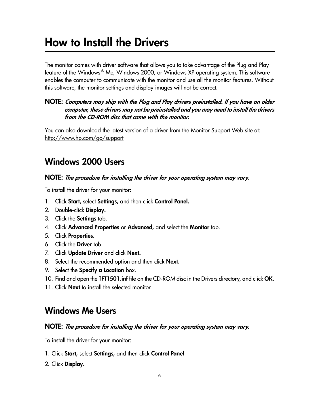 Compaq 1501 manual How to Install the Drivers, Windows 2000 Users, Windows Me Users 