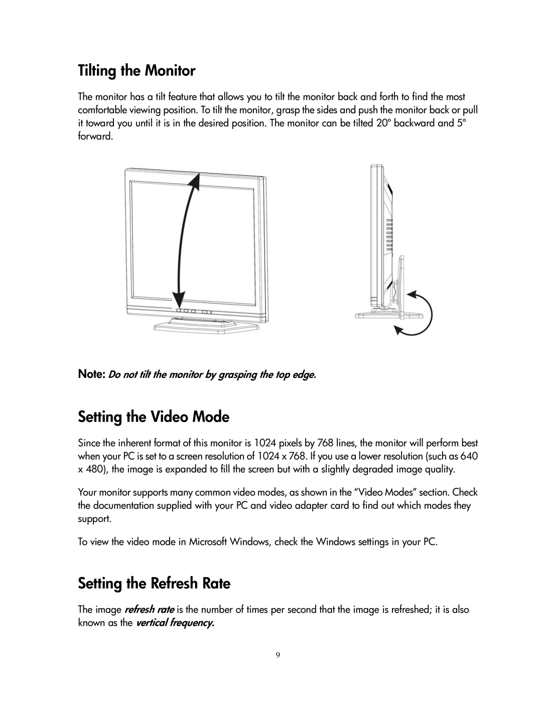 Compaq 1501 manual Tilting the Monitor, Setting the Video Mode, Setting the Refresh Rate 