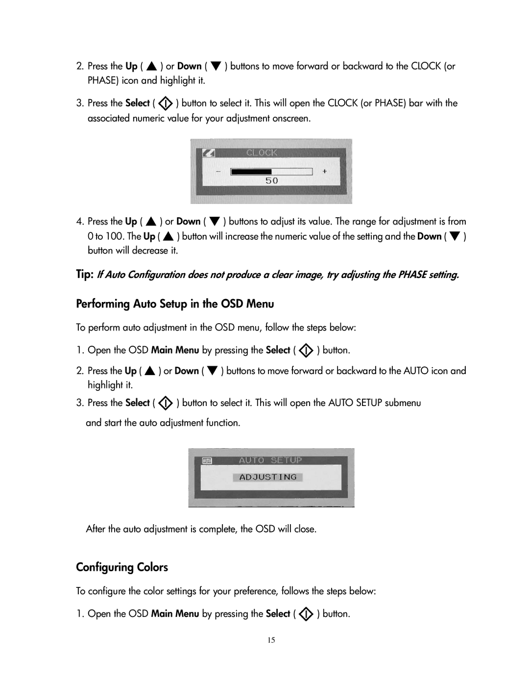 Compaq 1501 manual Performing Auto Setup in the OSD Menu, Configuring Colors 