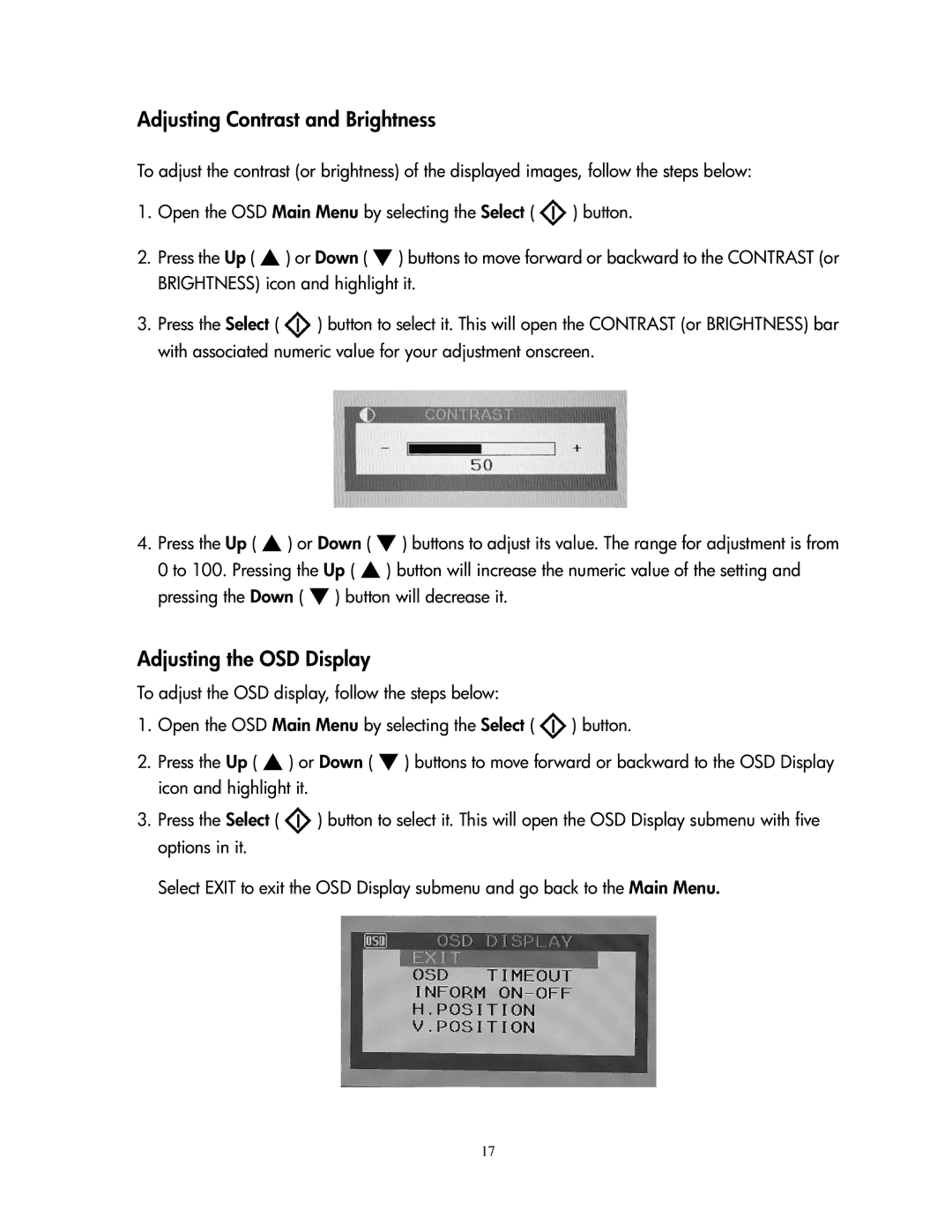 Compaq 1501 manual Adjusting Contrast and Brightness, Adjusting the OSD Display 