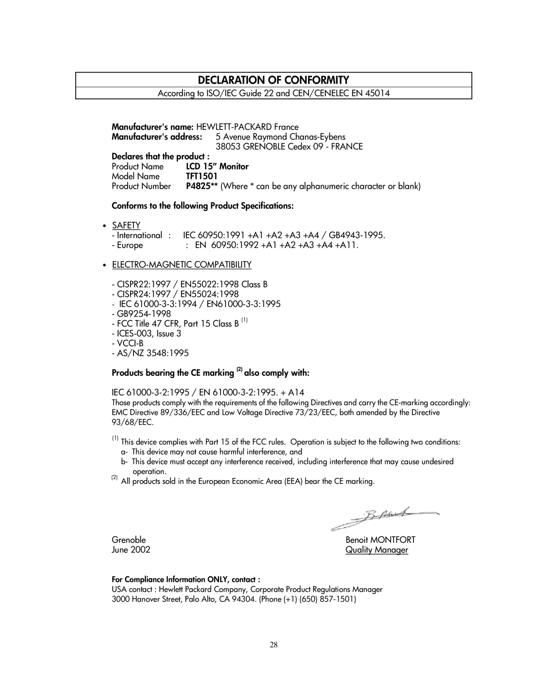 Compaq 1501 manual Declaration of Conformity 