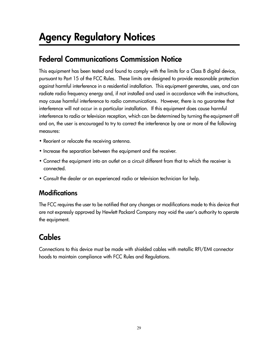 Compaq 1501 manual Agency Regulatory Notices, Federal Communications Commission Notice, Cables 