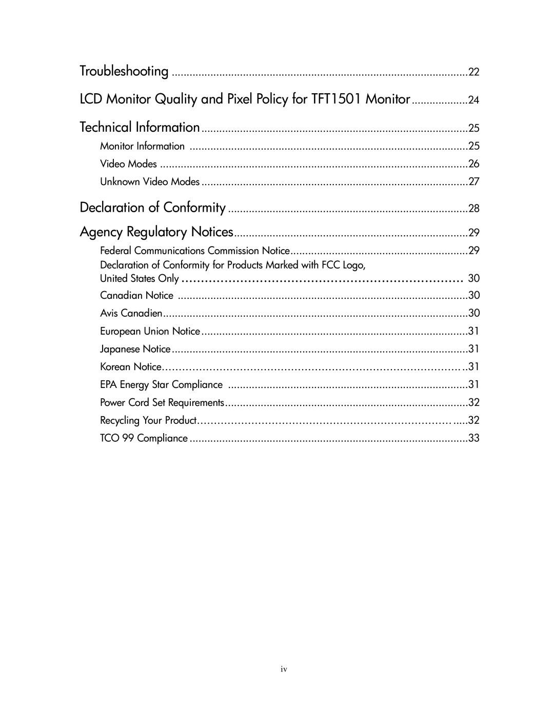 Compaq manual LCD Monitor Quality and Pixel Policy for TFT1501 Monitor 