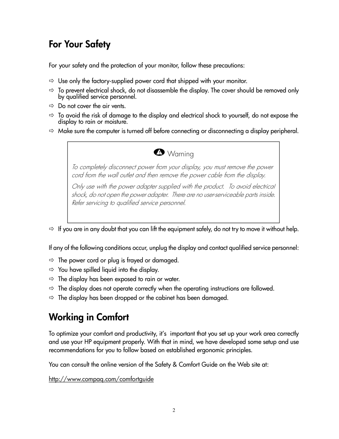 Compaq 1501 manual For Your Safety, Working in Comfort 