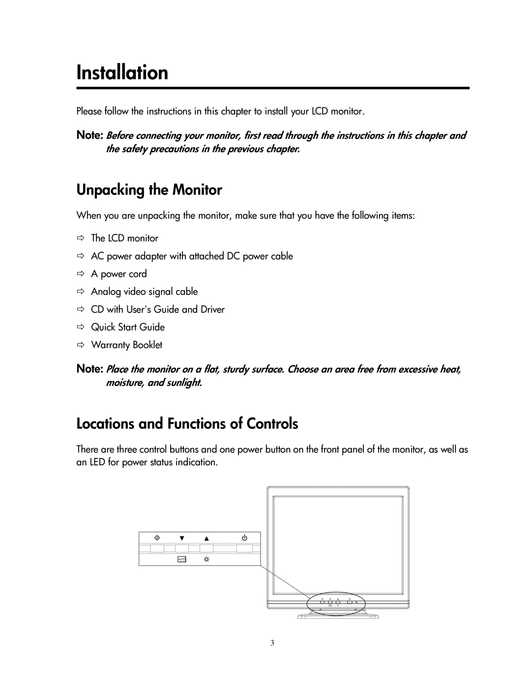 Compaq 1501 manual Installation, Unpacking the Monitor, Locations and Functions of Controls 