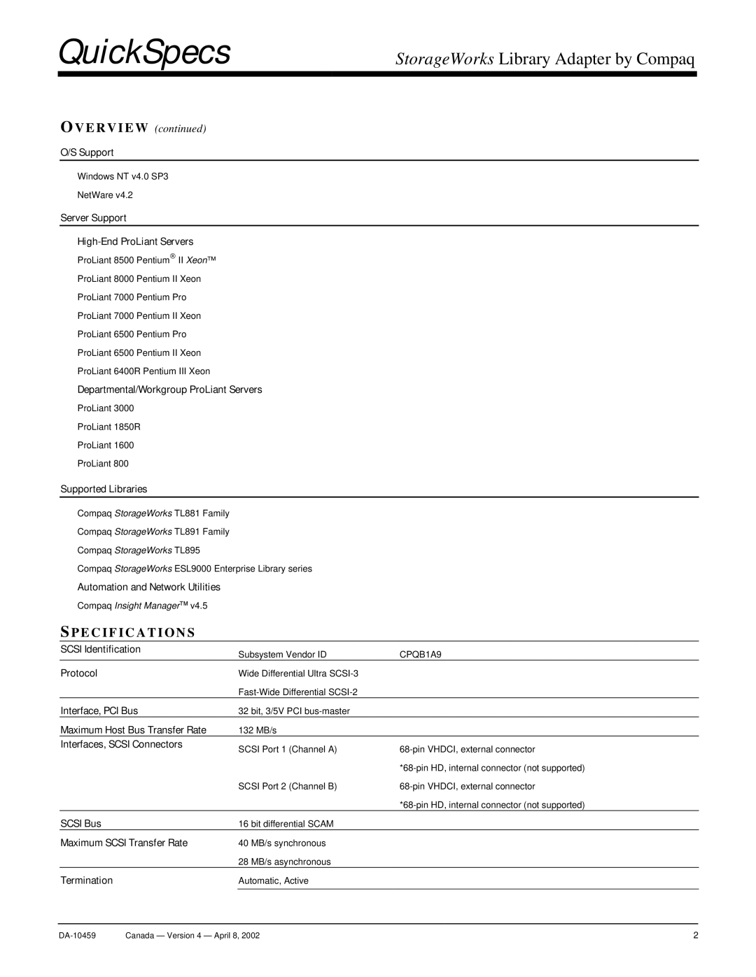 Compaq 157299-B21 manual Pecifications 