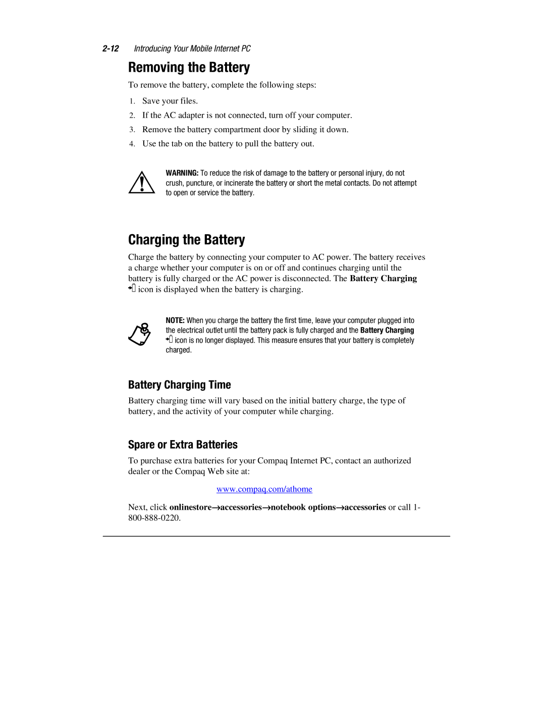 Compaq 1600 Series manual Removing the Battery, Charging the Battery, Battery Charging Time, Spare or Extra Batteries 