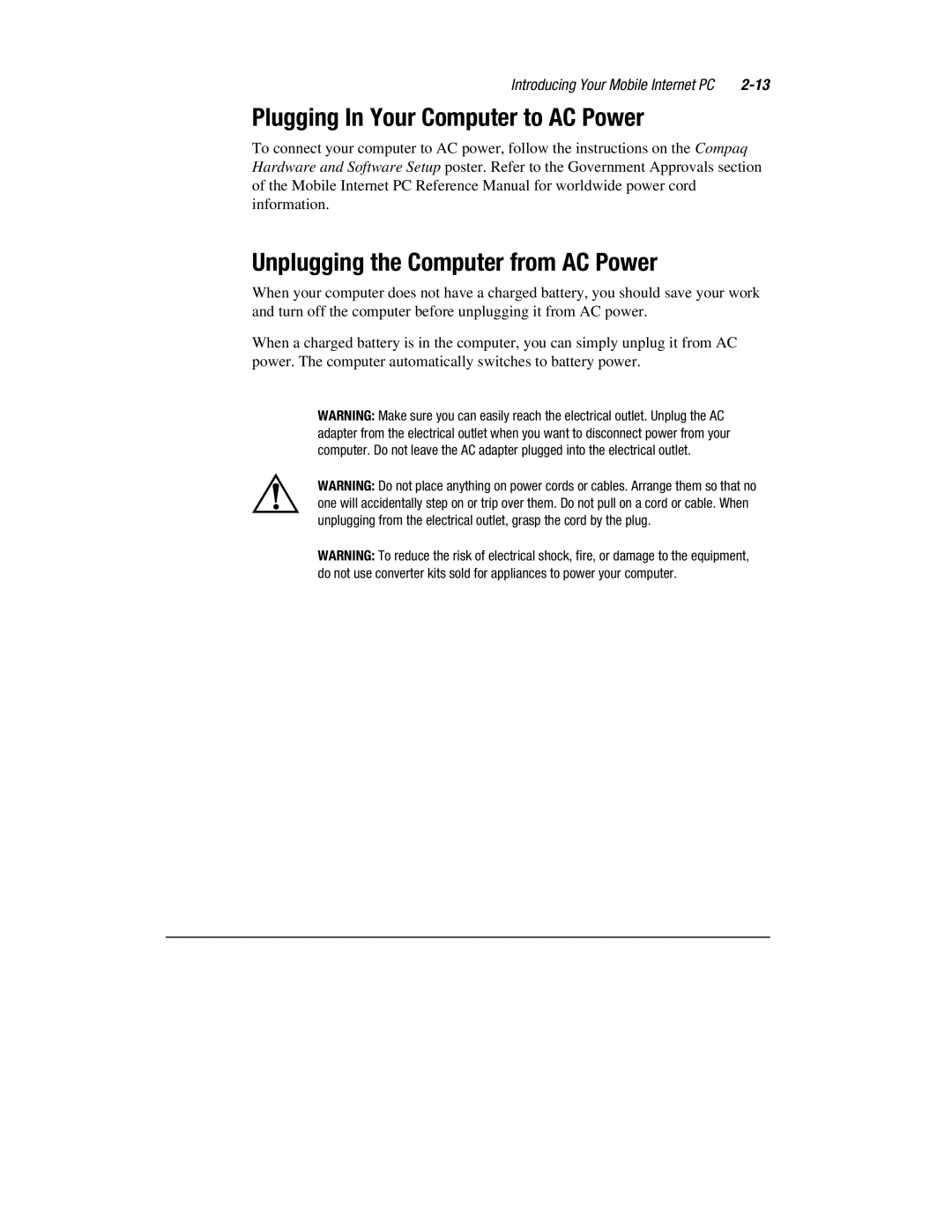 Compaq 1600 Series manual Plugging In Your Computer to AC Power, Unplugging the Computer from AC Power 