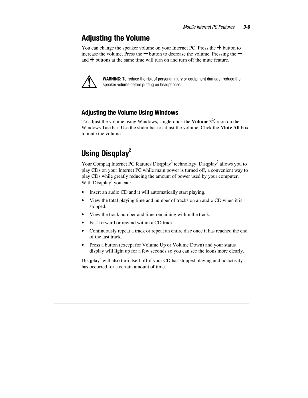 Compaq 1600 Series manual Using Disqplay2, Adjusting the Volume Using Windows 