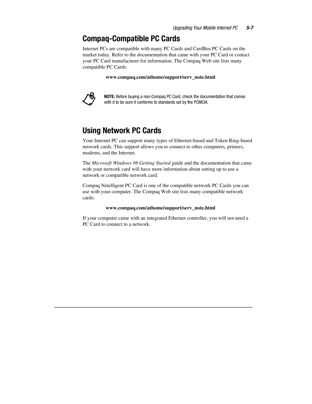 Compaq 1600 Series manual Compaq-Compatible PC Cards, Using Network PC Cards 