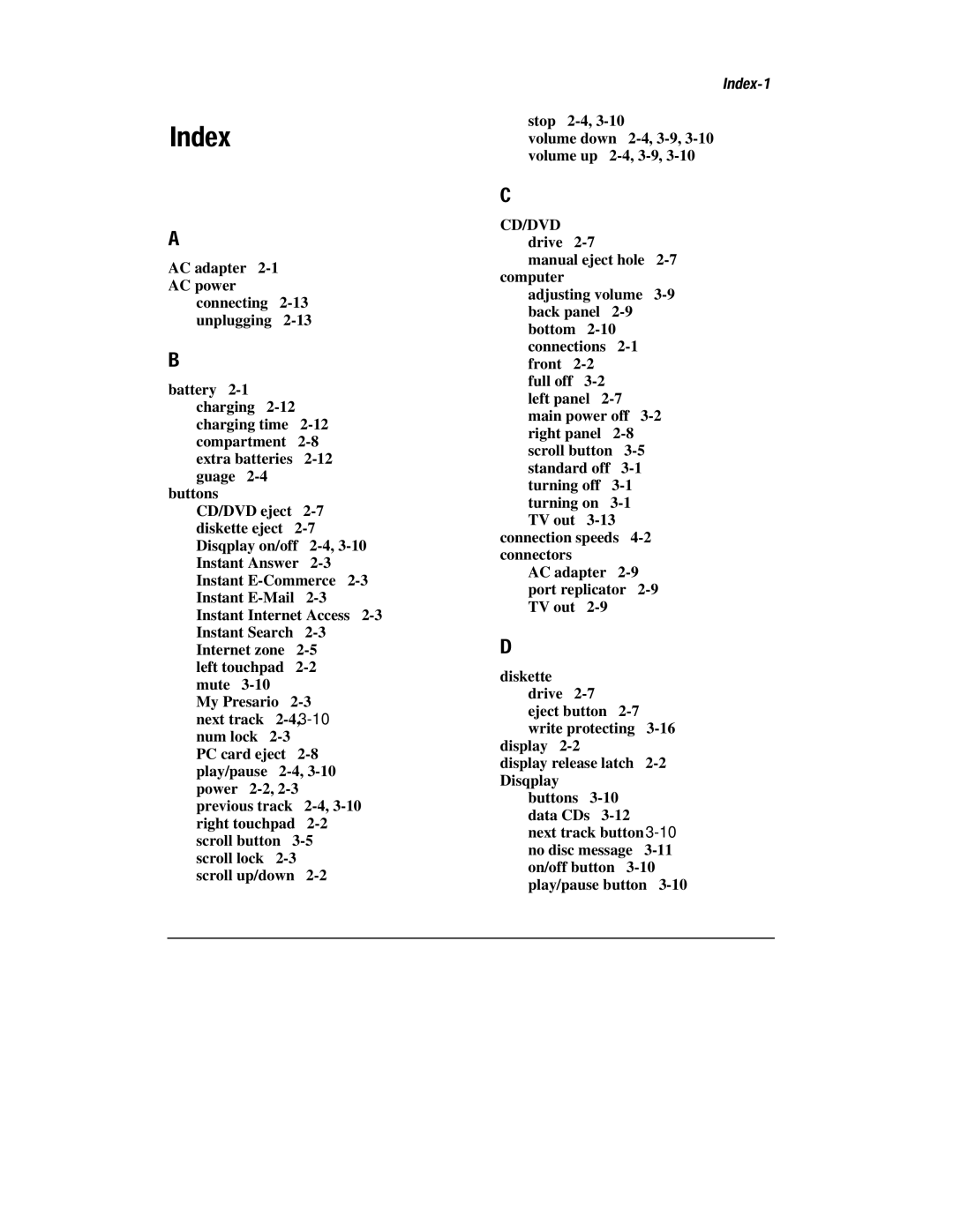 Compaq 1600 Series manual Index 