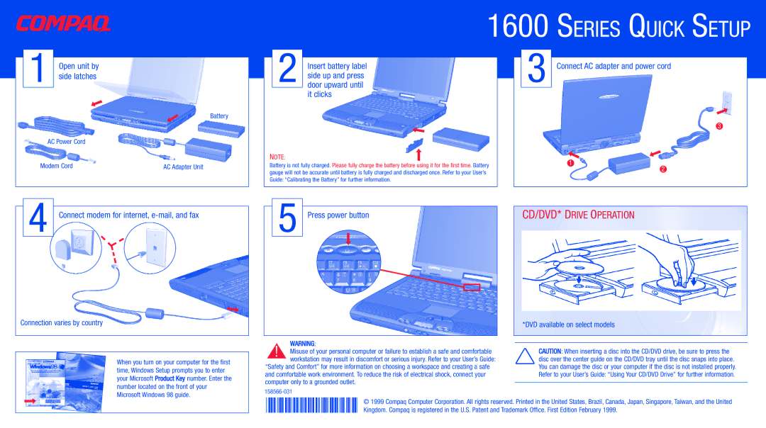 Compaq 1600 manual Open unit by Side latches, Connect modem for internet, e-mail, and fax, Connection varies by country 