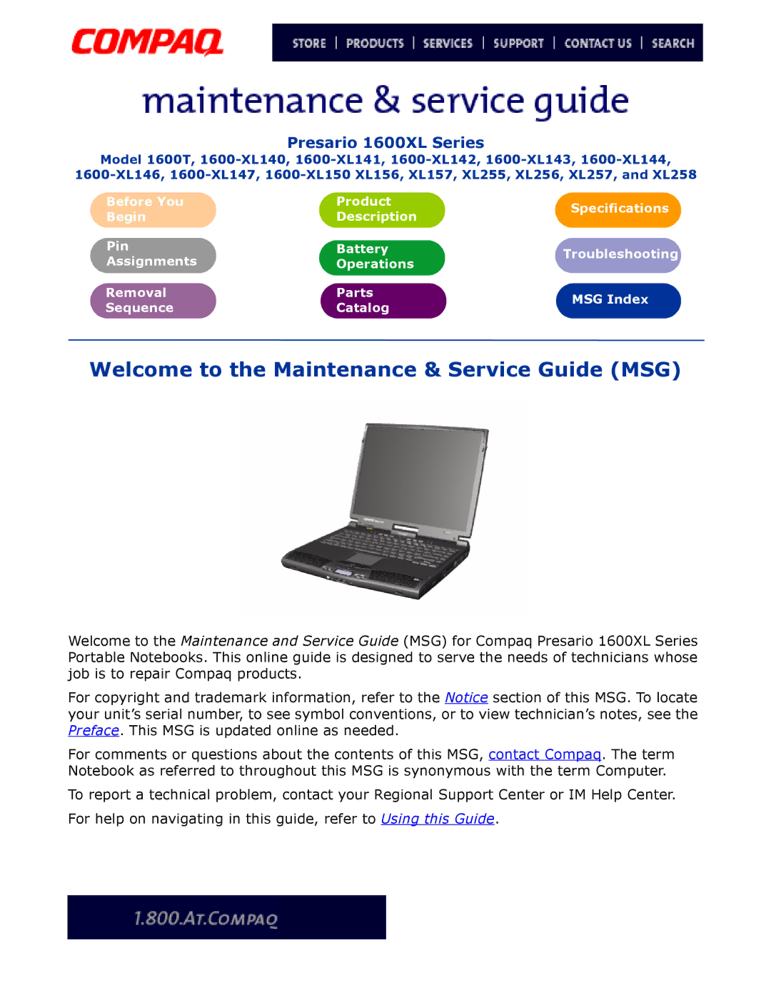 Compaq 1600XL specifications Welcome to the Maintenance & Service Guide MSG 