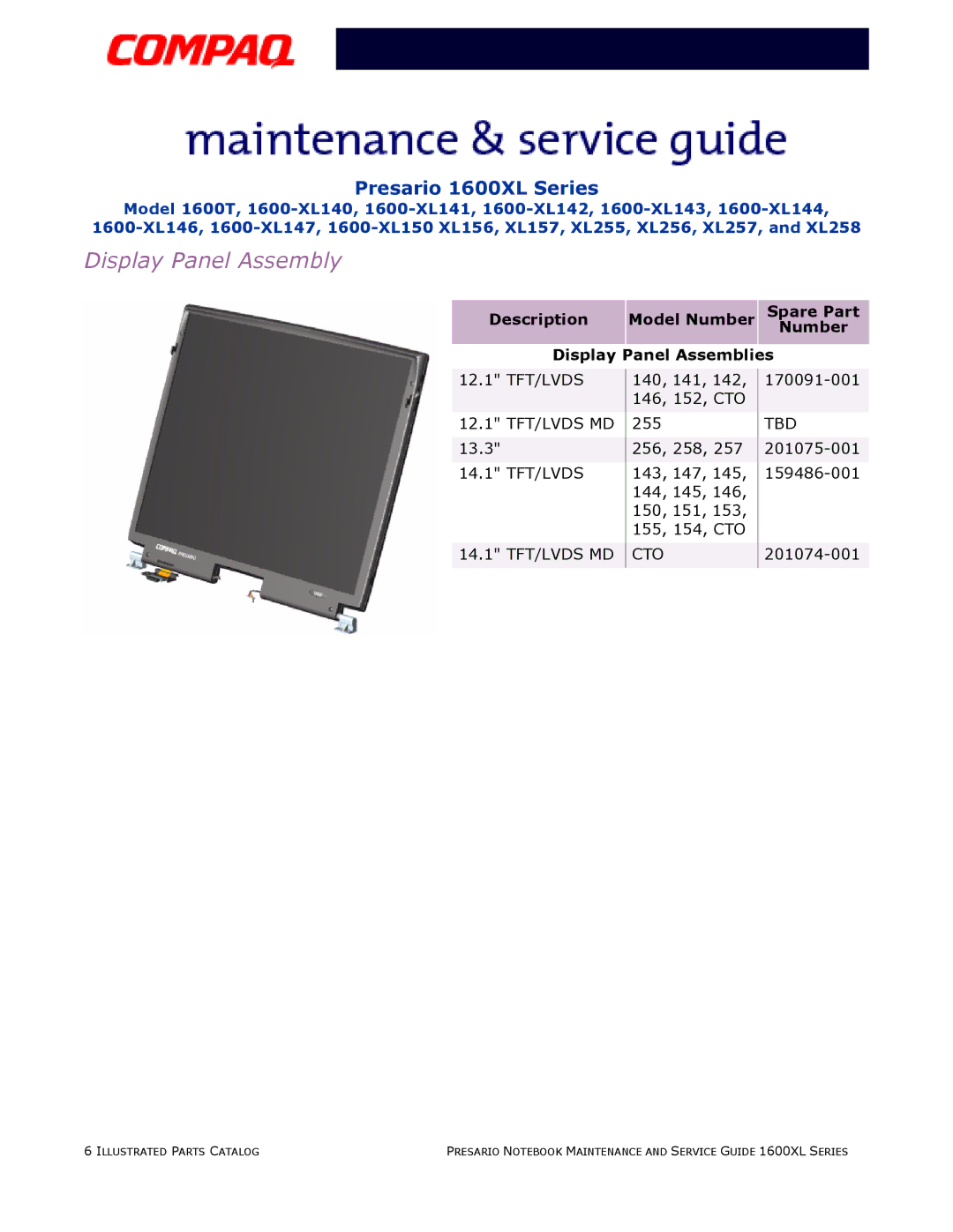 Compaq 1600XL specifications Display Panel Assembly, Description Model Number Spare Part Display Panel Assemblies 