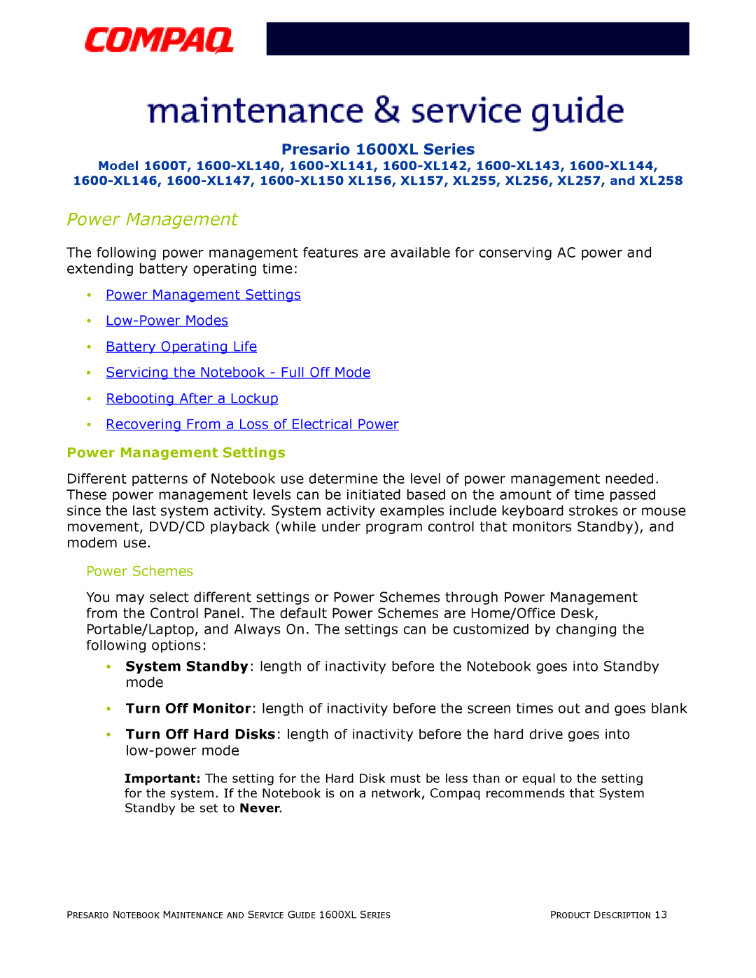 Compaq 1600XL specifications Power Management Settings 