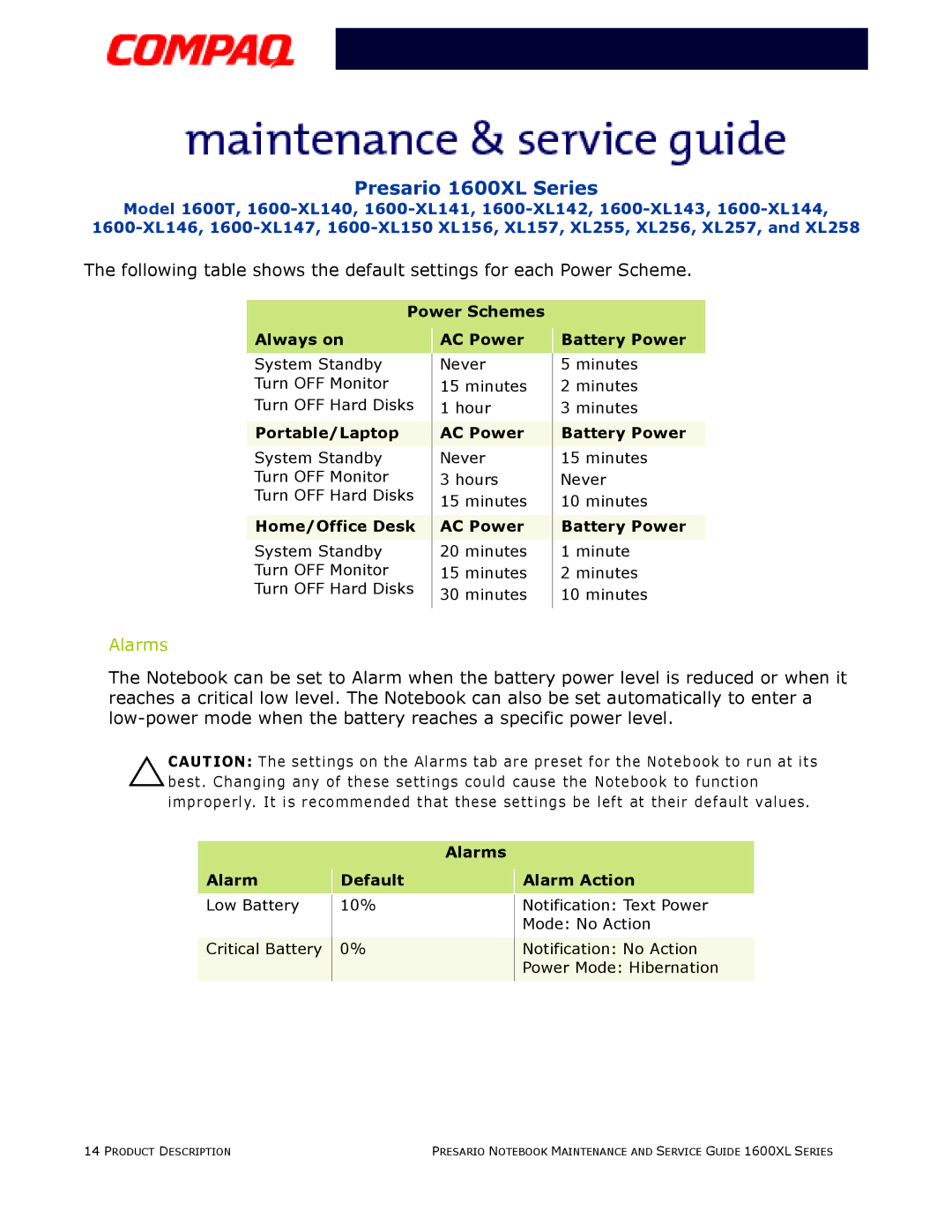 Compaq 1600XL specifications Power Schemes, Always on AC Power Battery Power, Portable/Laptop, Home/Office Desk, Alarms 