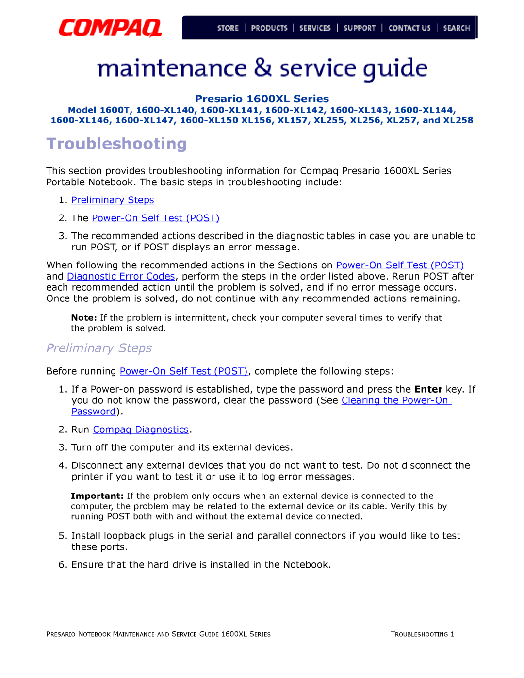 Compaq 1600XL specifications Troubleshooting, Preliminary Steps 