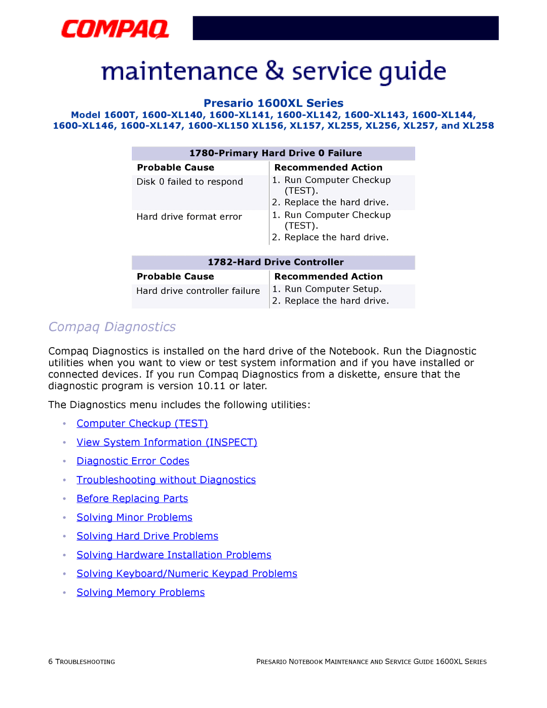 Compaq 1600XL Compaq Diagnostics, Primary Hard Drive 0 Failure Probable Cause, Hard Drive Controller Probable Cause 