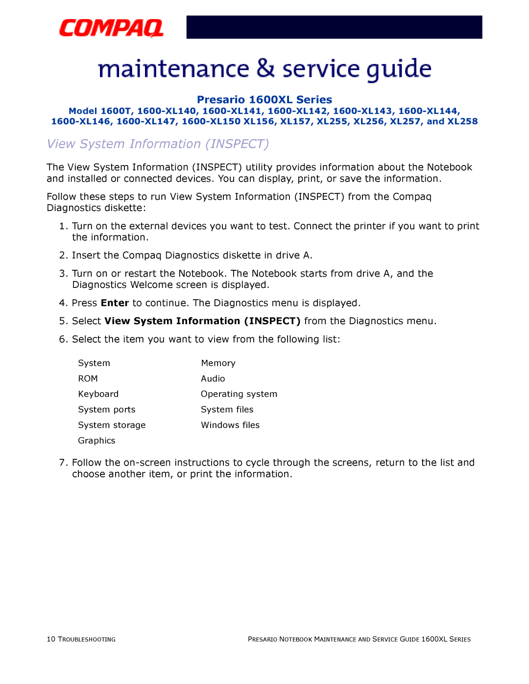 Compaq 1600XL specifications View System Information Inspect, Select the item you want to view from the following list 