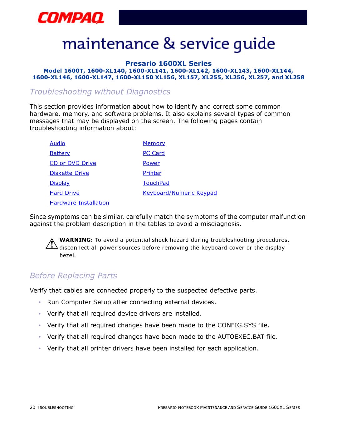 Compaq 1600XL specifications Troubleshooting without Diagnostics, Before Replacing Parts 