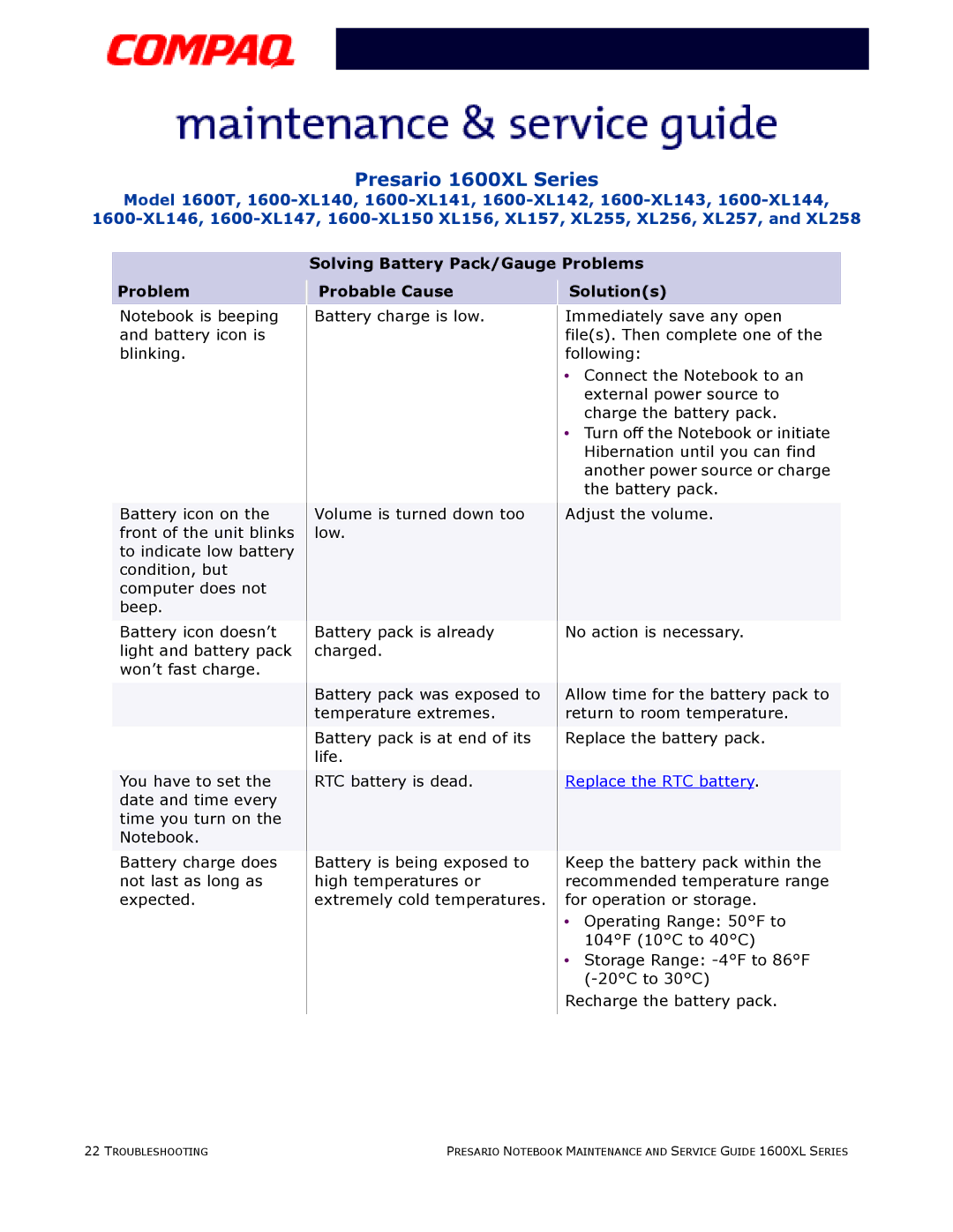 Compaq 1600XL specifications Replace the RTC battery 