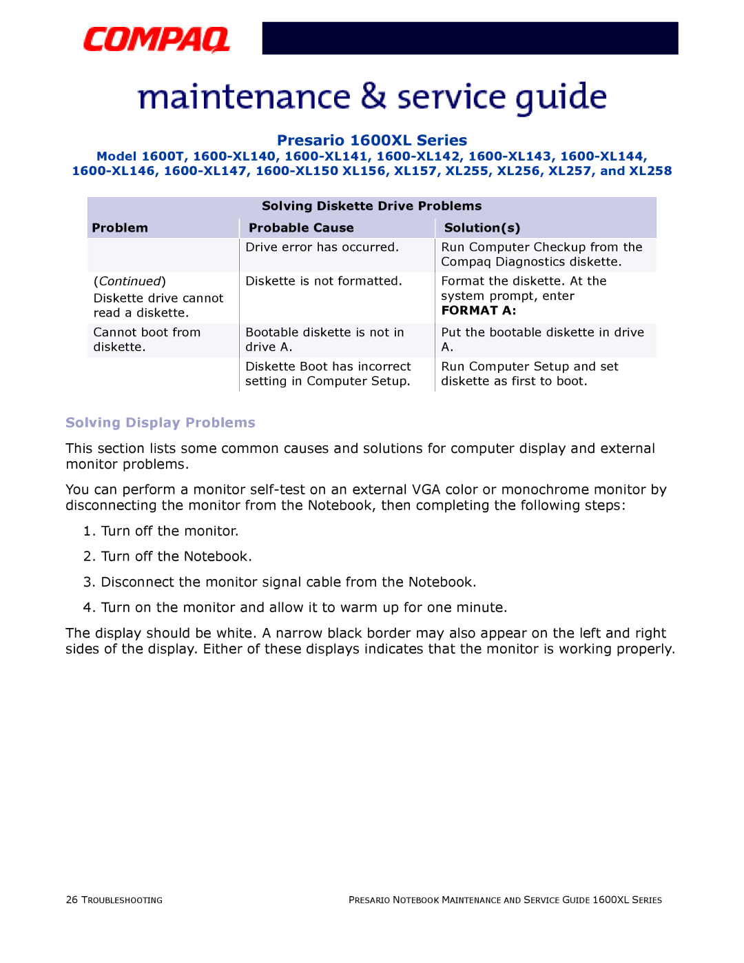 Compaq 1600XL specifications Solving Display Problems 