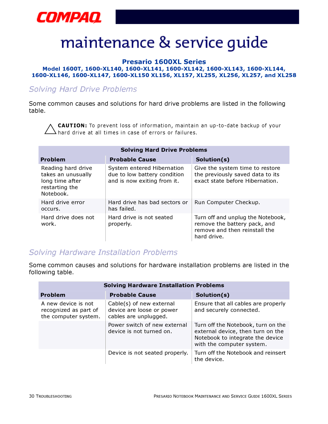 Compaq 1600XL specifications Solving Hard Drive Problems, Solving Hardware Installation Problems 