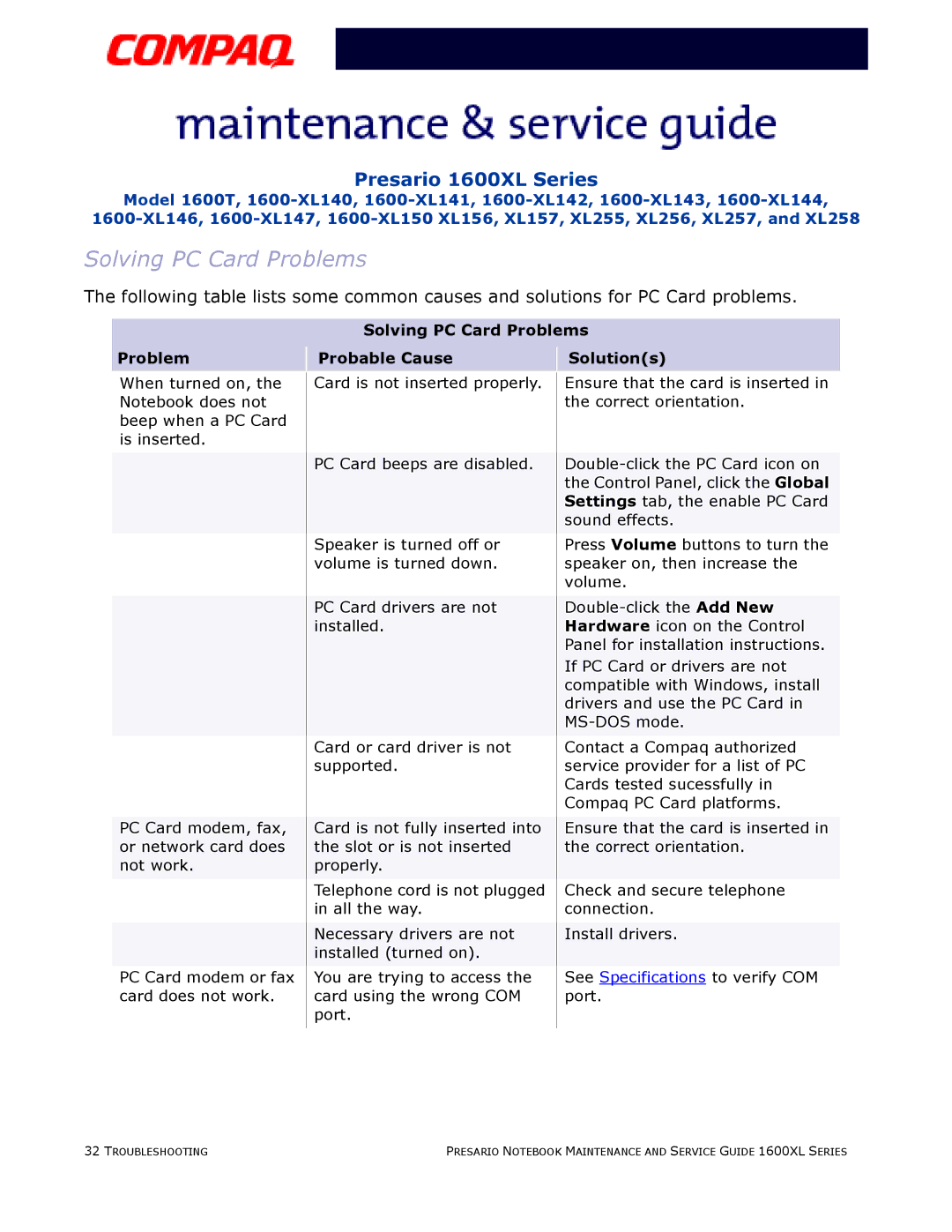 Compaq 1600XL specifications Solving PC Card Problems Probable Cause Solutions 