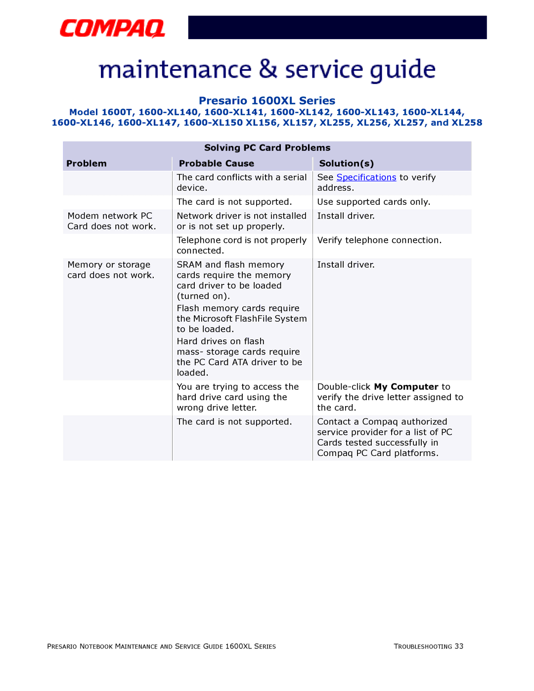 Compaq 1600XL specifications See Specifications to verify address 