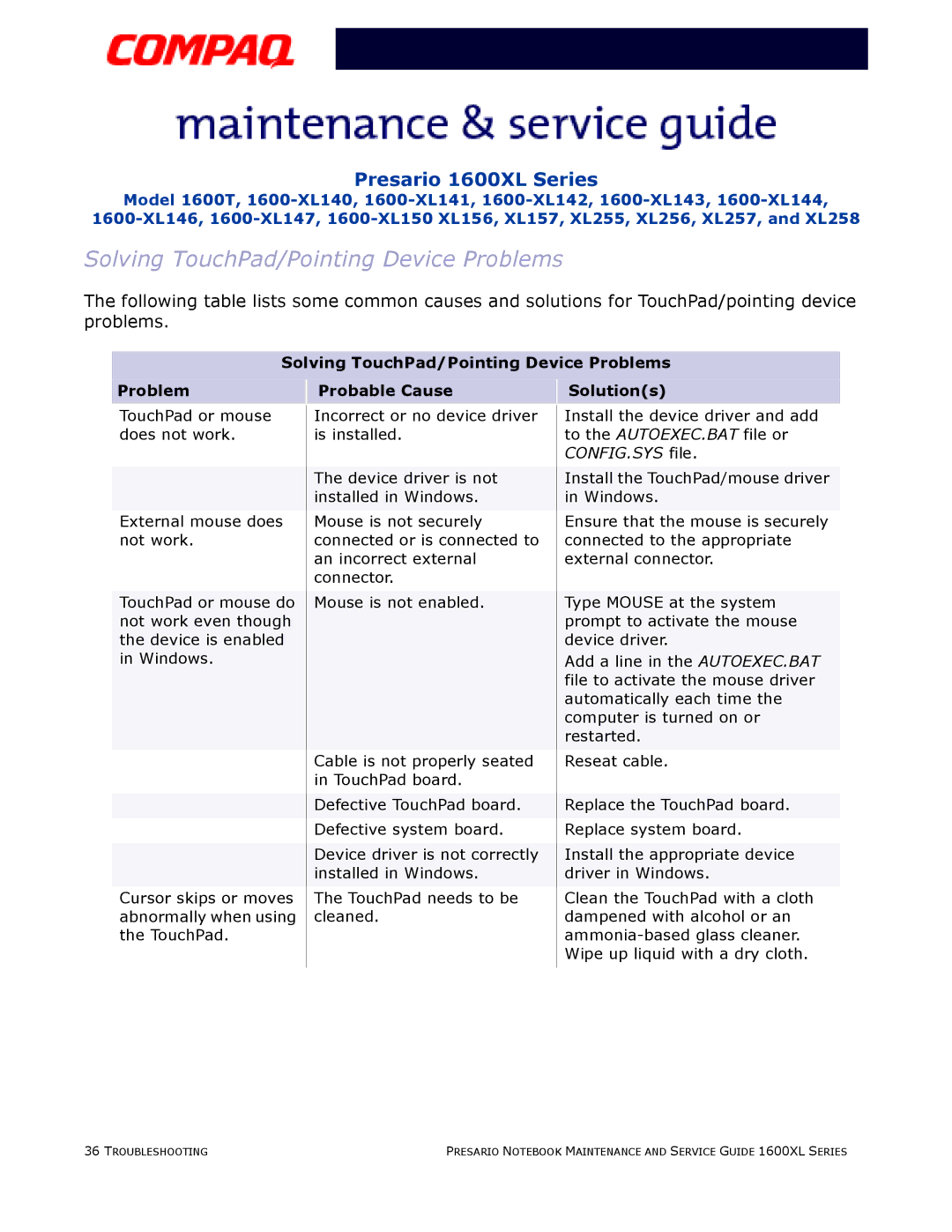 Compaq 1600XL specifications Solving TouchPad/Pointing Device Problems 