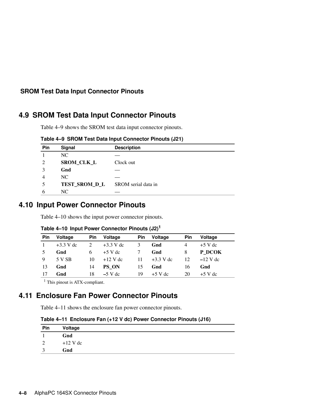 Compaq 164SX Srom Test Data Input Connector Pinouts, Input Power Connector Pinouts, Enclosure Fan Power Connector Pinouts 