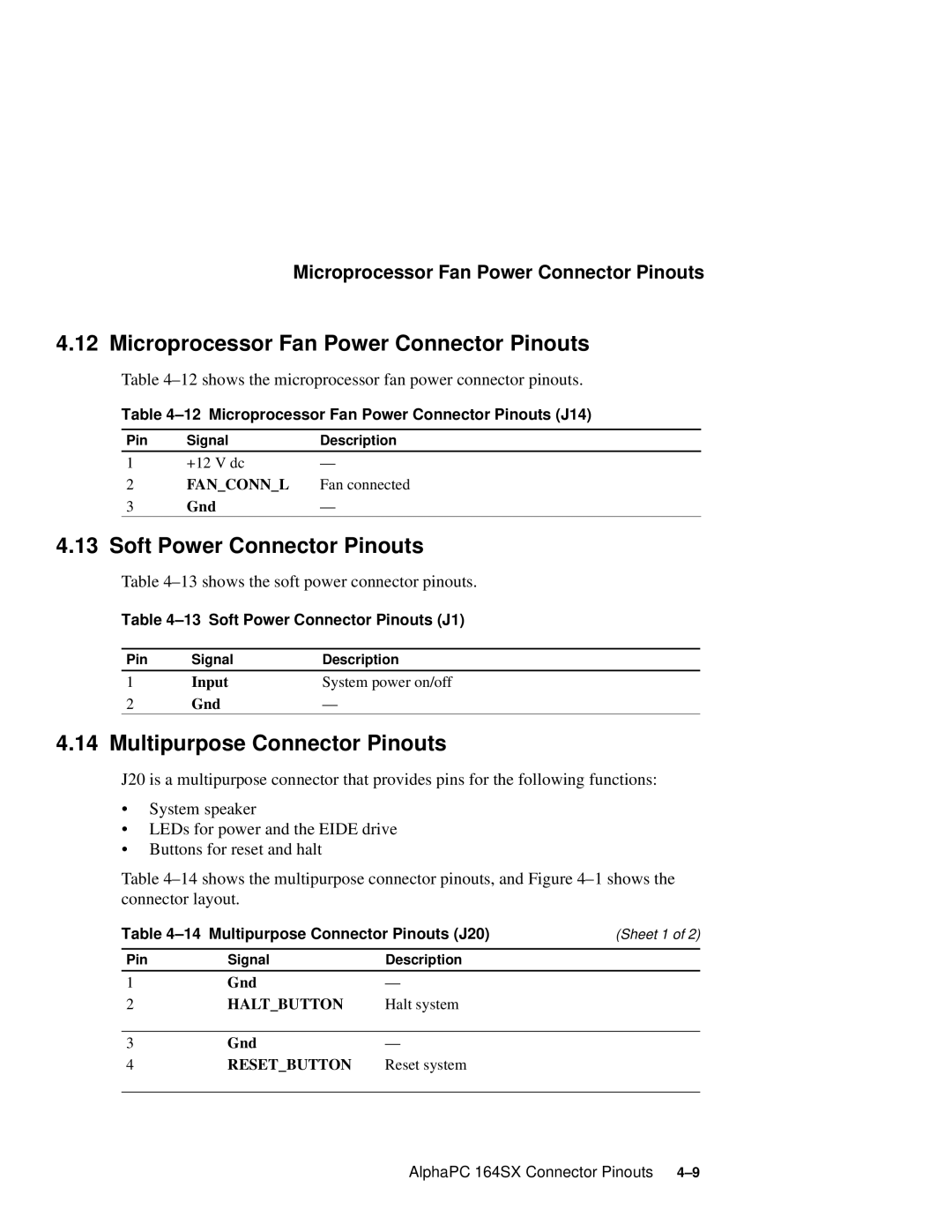 Compaq 164SX Microprocessor Fan Power Connector Pinouts, Soft Power Connector Pinouts, Multipurpose Connector Pinouts 