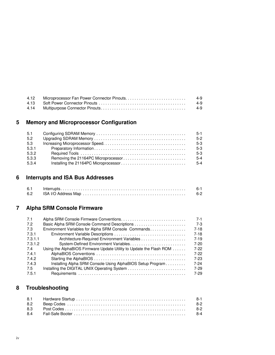 Compaq 164SX Memory and Microprocessor Configuration, Interrupts and ISA Bus Addresses, Alpha SRM Console Firmware 