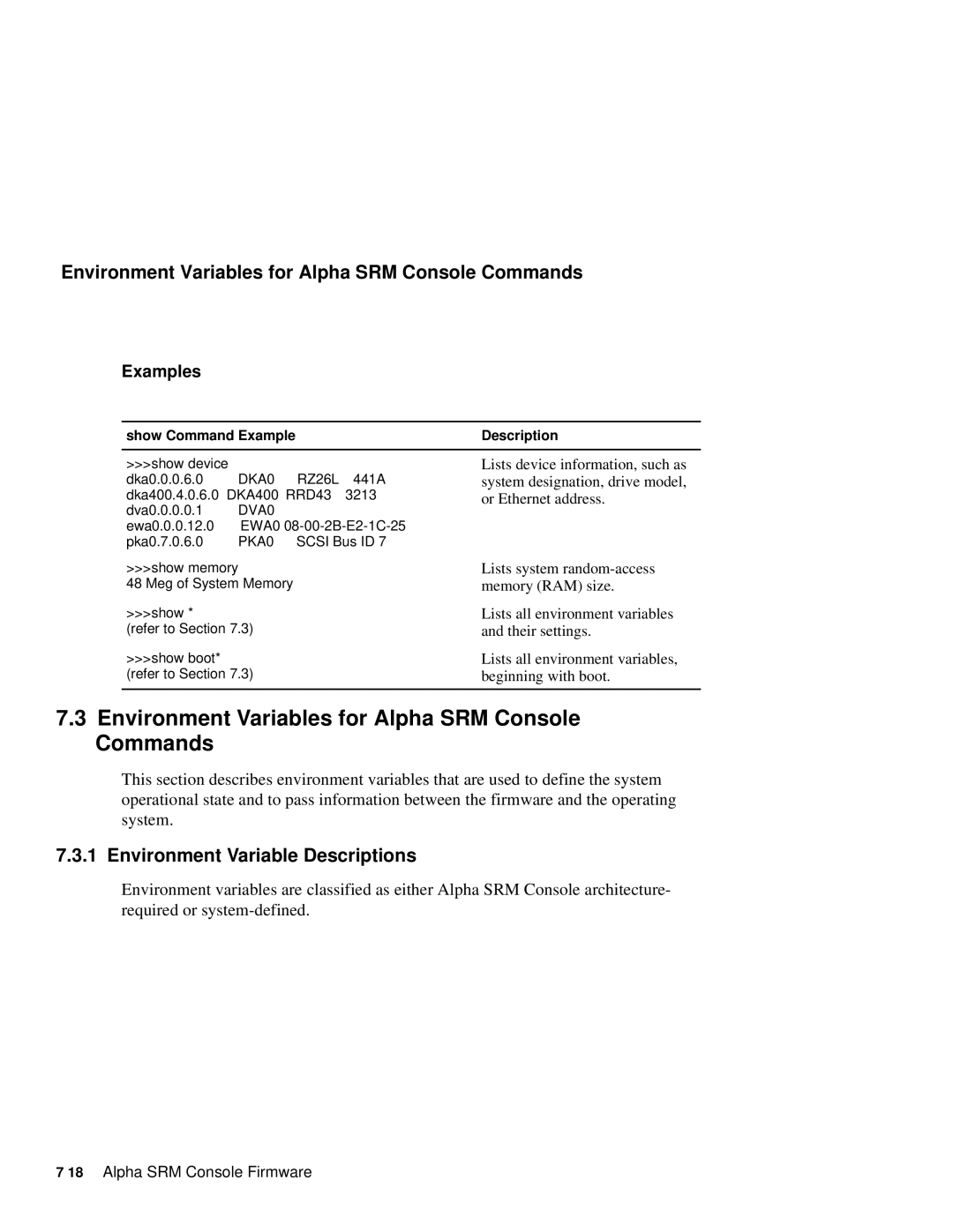 Compaq 164SX user manual Environment Variables for Alpha SRM Console Commands, Environment Variable Descriptions 