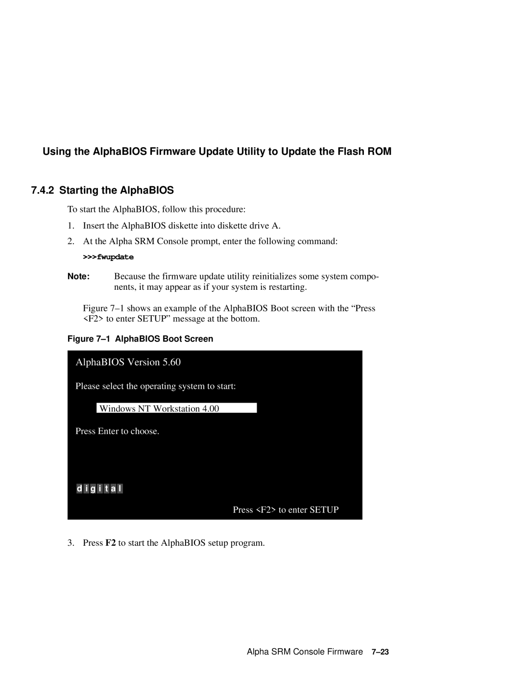 Compaq 164SX user manual Windows NT Workstation, Press F2 to start the AlphaBIOS setup program 