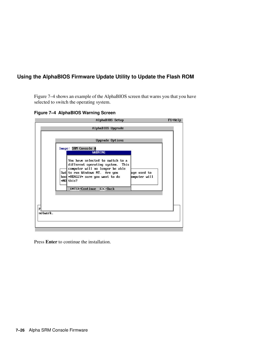 Compaq 164SX user manual AlphaBIOS Warning Screen 