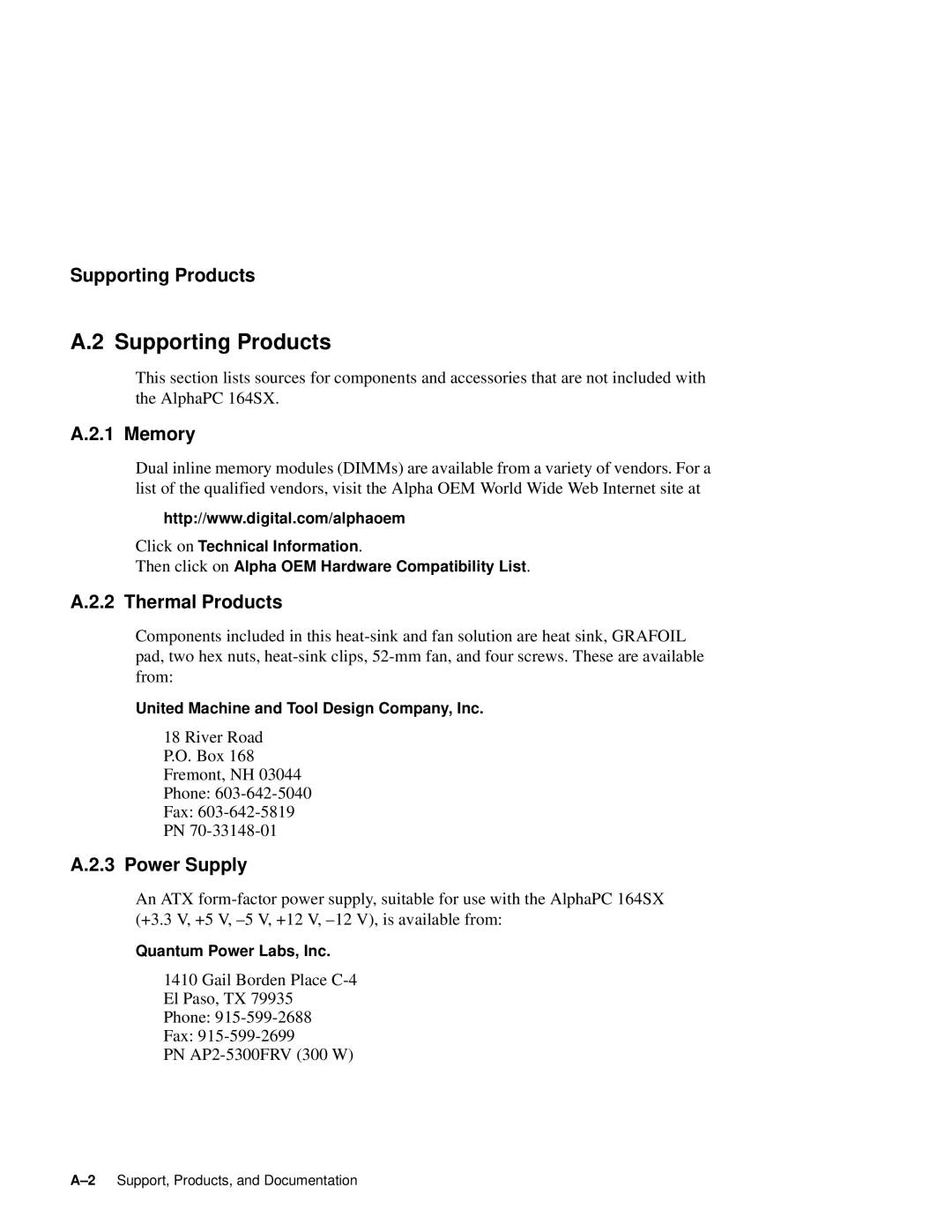 Compaq 164SX user manual Supporting Products, Memory, Thermal Products, Power Supply 