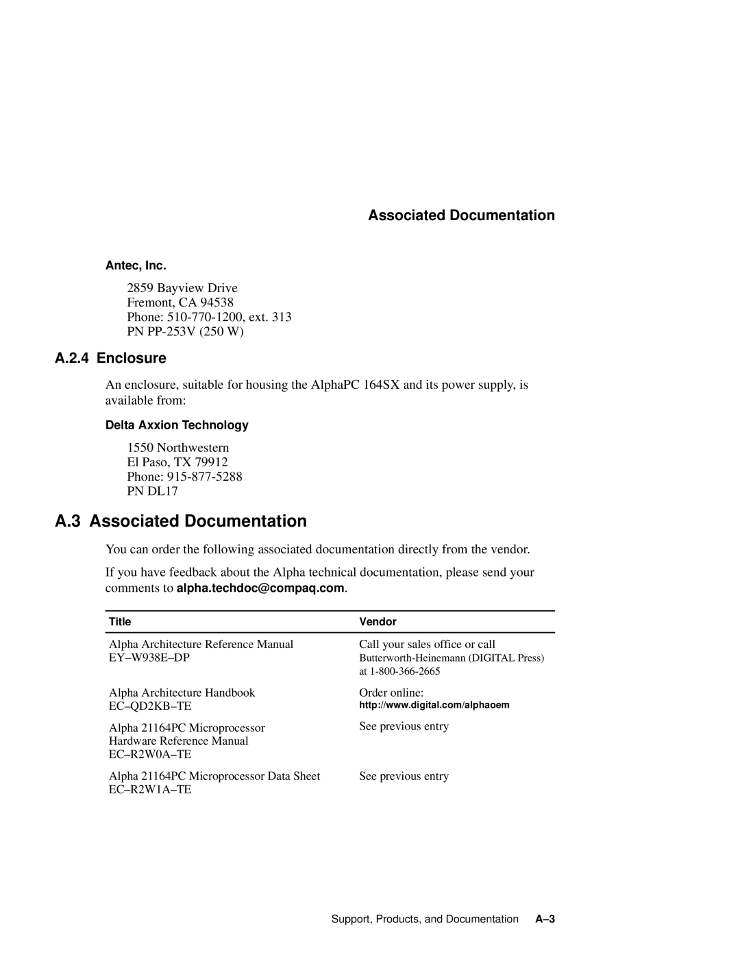 Compaq 164SX user manual Associated Documentation, Enclosure, Northwestern El Paso, TX Phone 