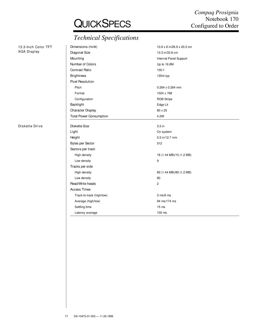 Compaq 170 warranty Technical Specifications, Inch Color TFT XGA Display Diskette Drive 