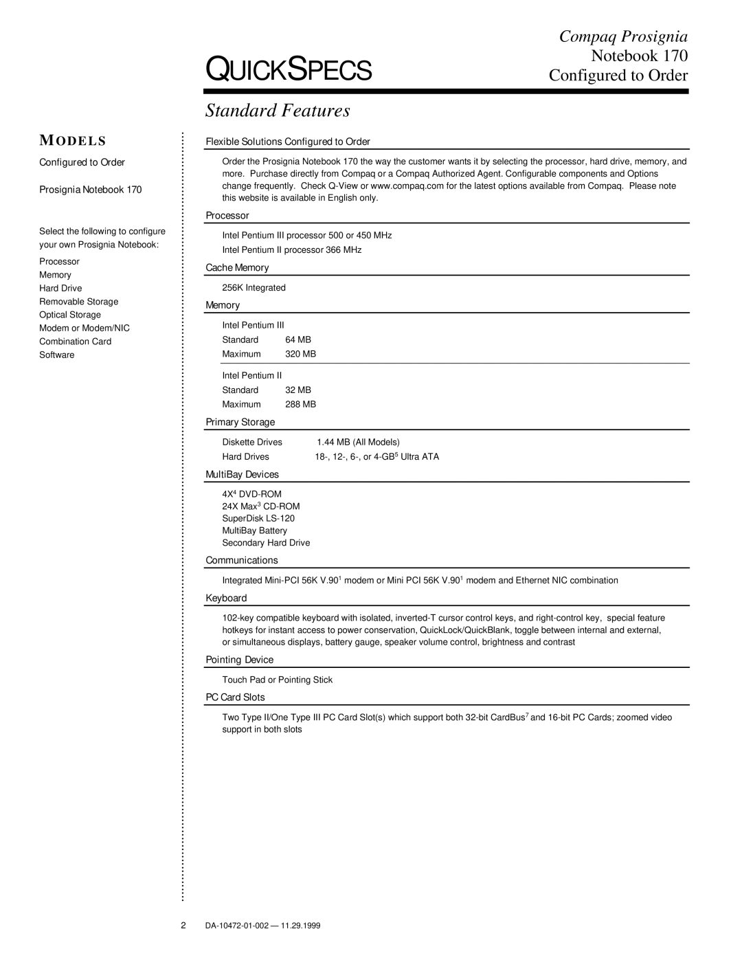 Compaq 170 warranty Standard Features, Odels 