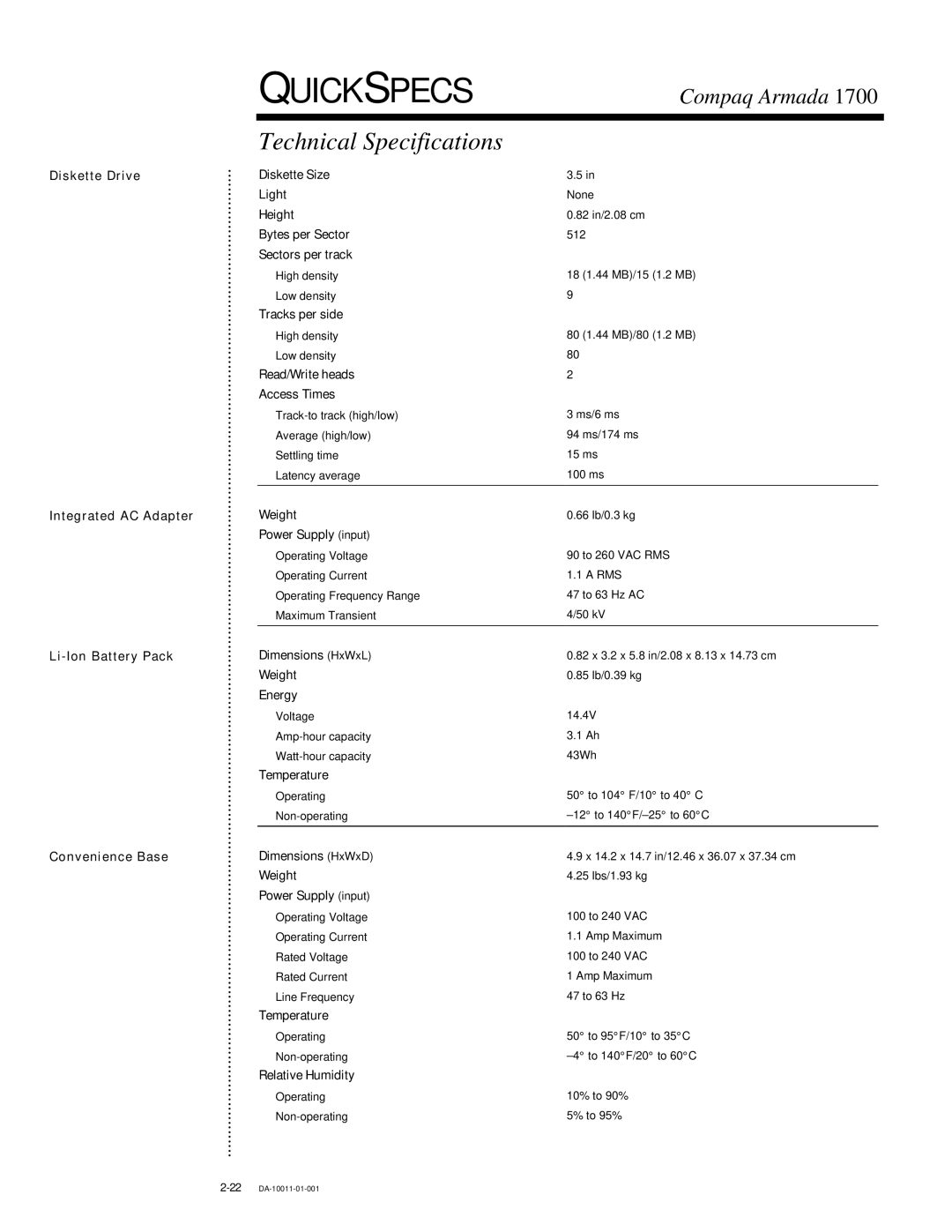 Compaq 1700 warranty Quickspecs 