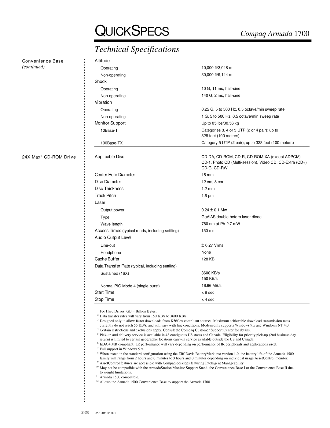 Compaq 1700 warranty Technical Specifications 