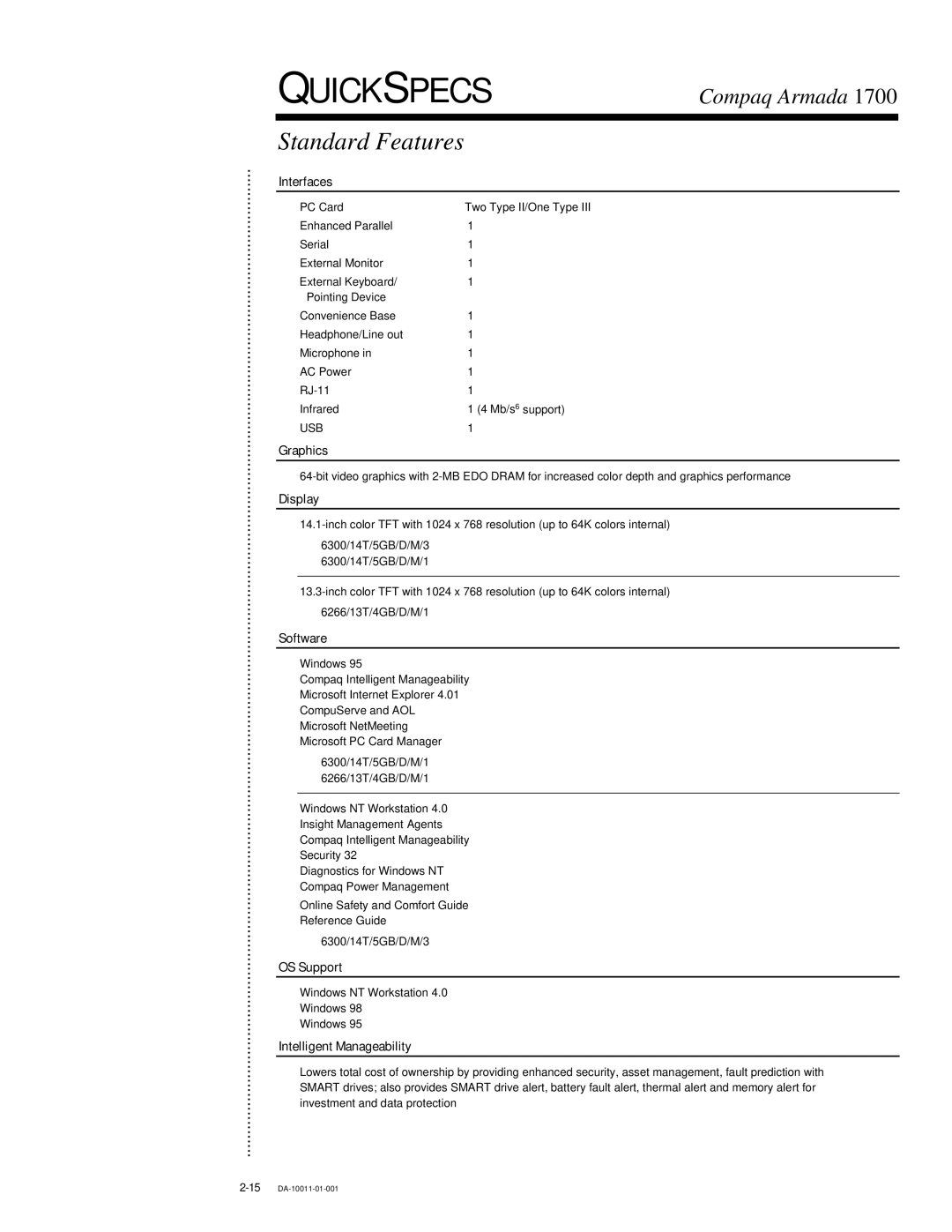 Compaq 1700 warranty Standard Features 